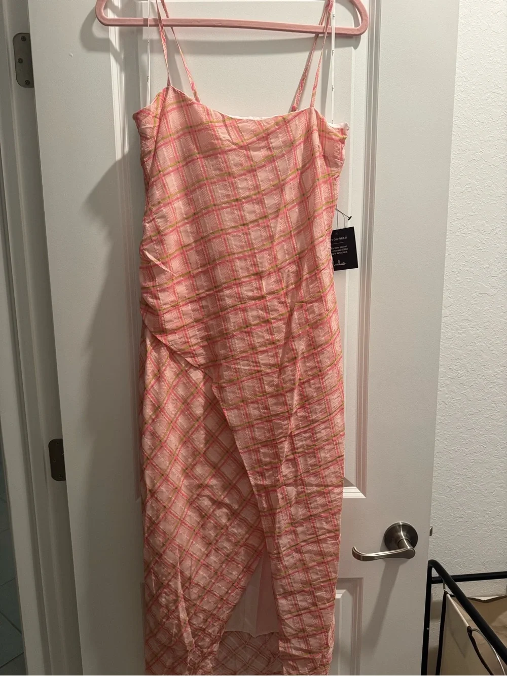 Lulu's Pink Plaid Spaghetti-Strap Midi Dress